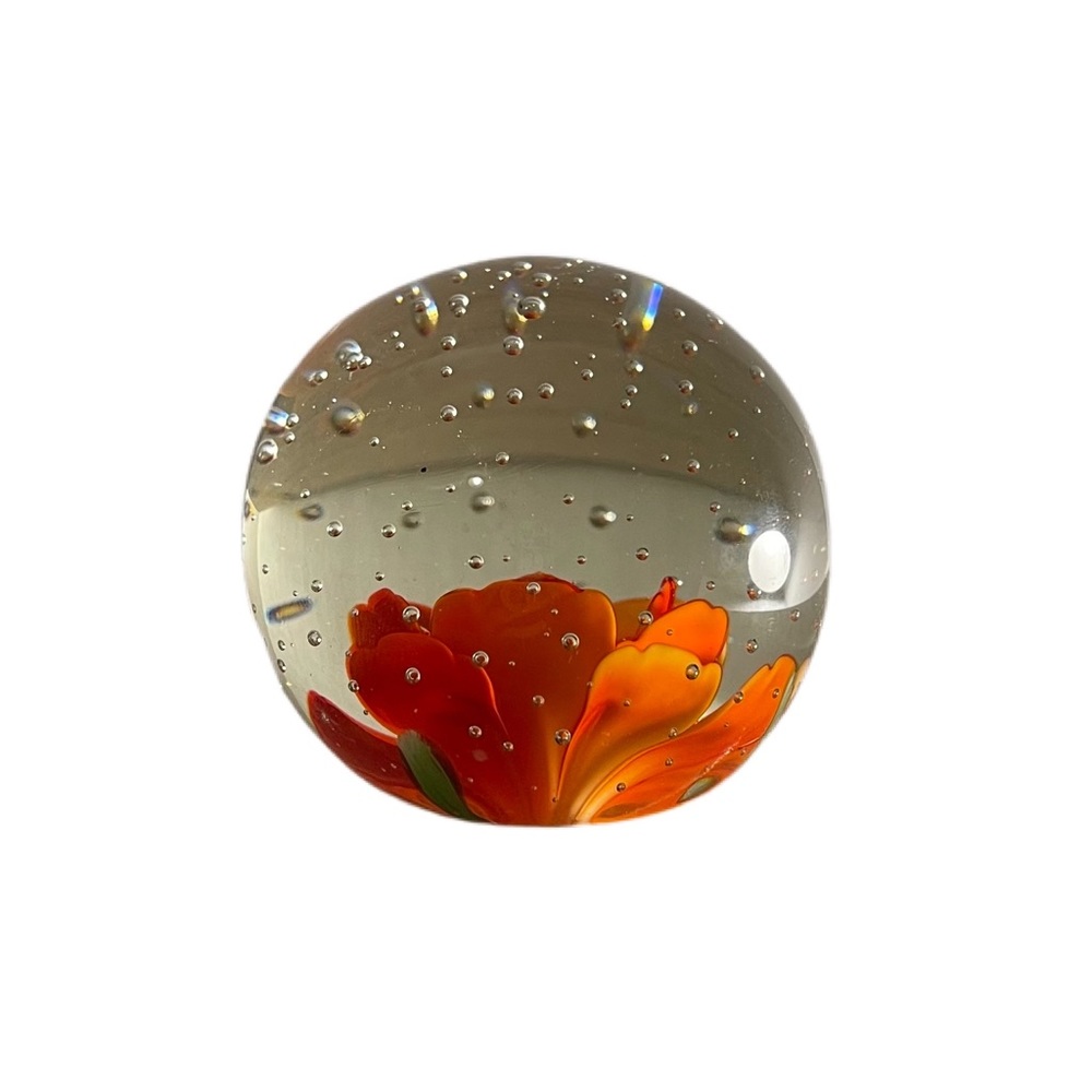 Vtg Murano Style Studio Art Glass Paperweight Orange Flower Bubbles